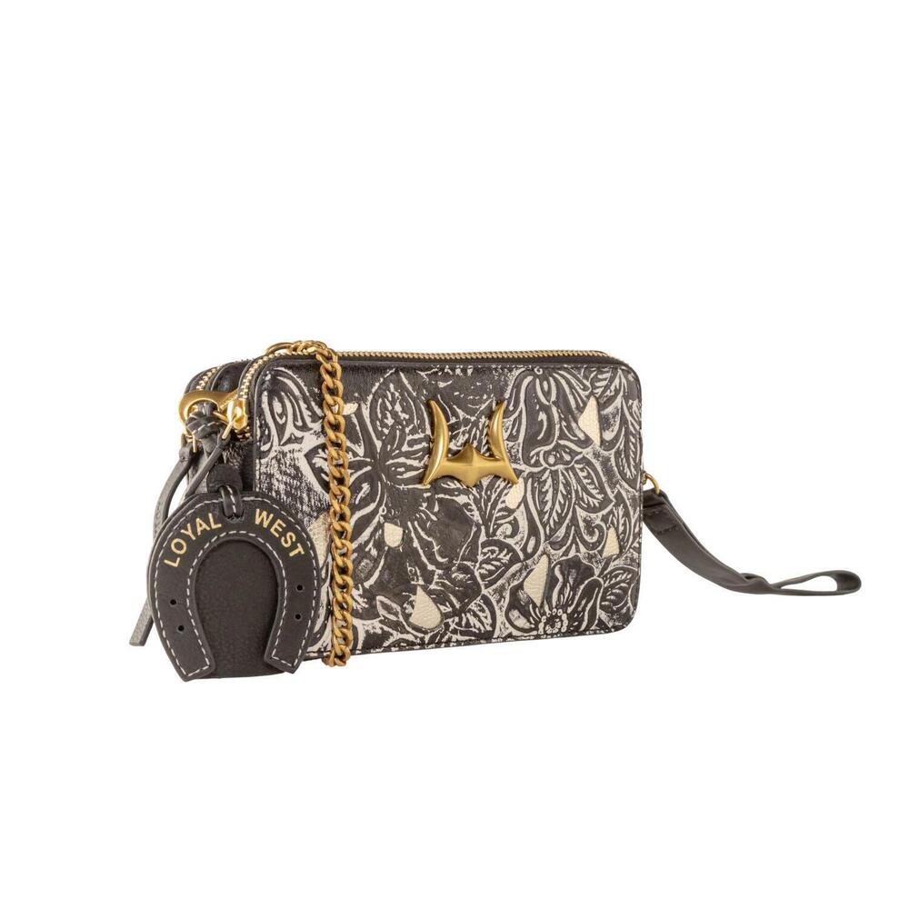 NEW LOYAL WEST shell mini purse in black floral leather - Picture 2 of 7